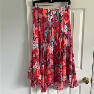 Bob Mackie Wearable Art Pull On A-line Floral Midi Skirt with Ruffled Hem Sz L